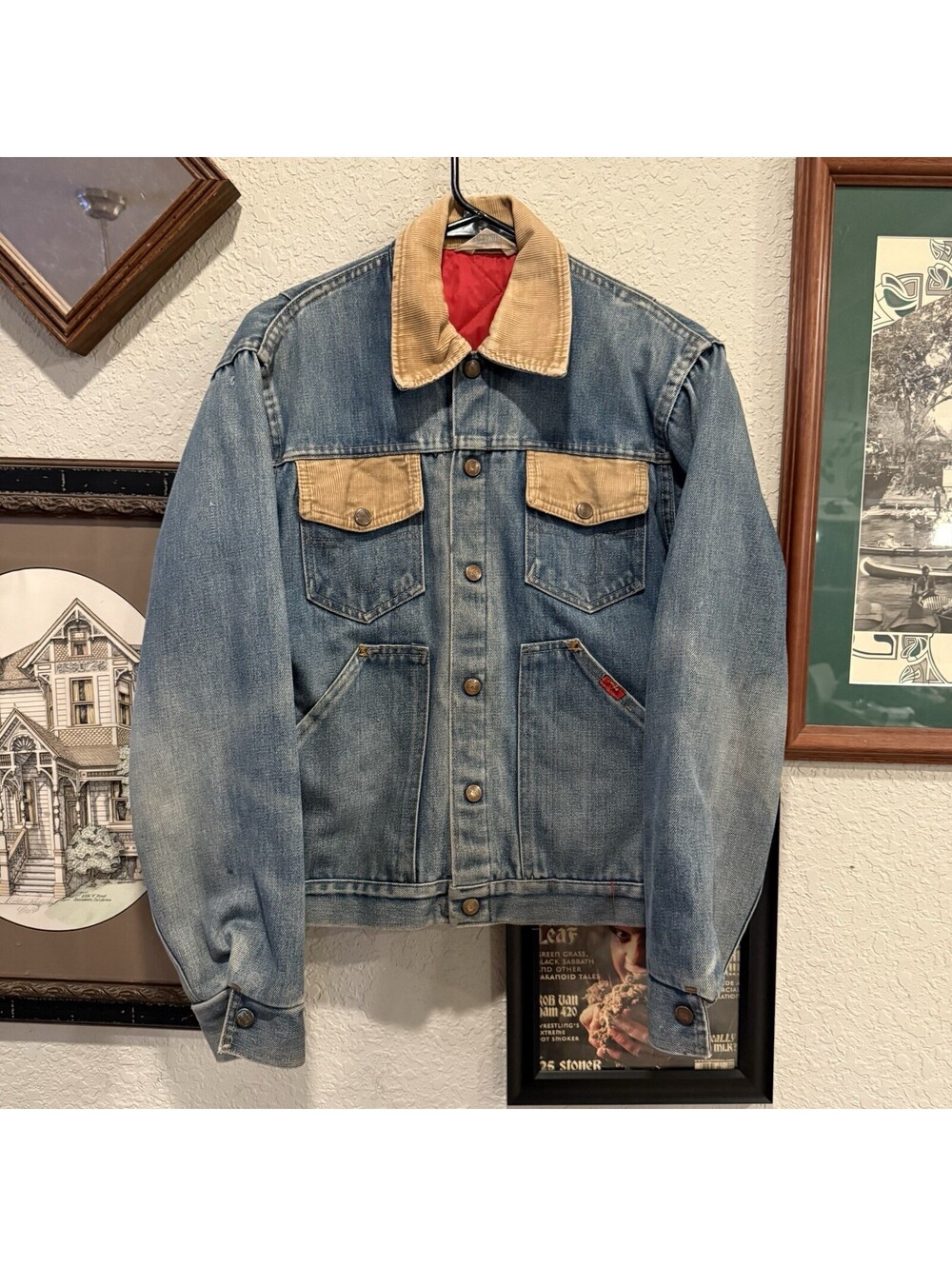 Vintage 70s RARE Big Smith Corduroy Accents Denim Jacket Size Medium Blue